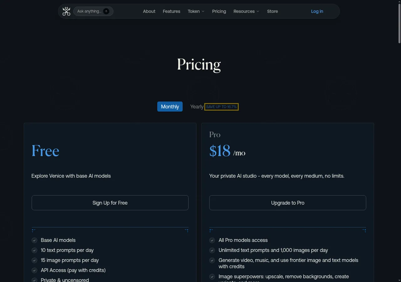 Venice pricing page with Free at $0 and Pro at $18 a month